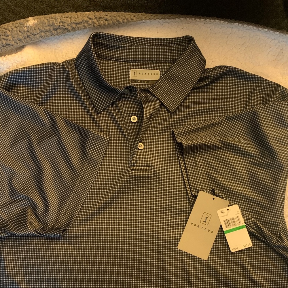PGA Tour black and white checkered Patterned Polo Shirt, listed as Caviar,L,NWT